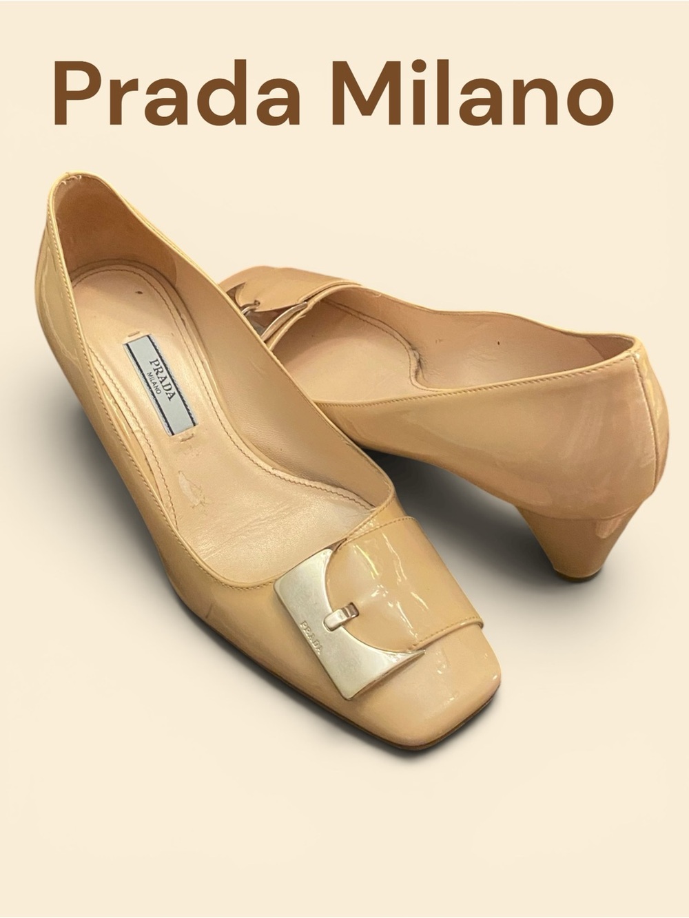 Prada Milano Patent Leather Nude Low Heel Pumps w/Buckle, Sz. 35, Fair - Picture 13 of 13